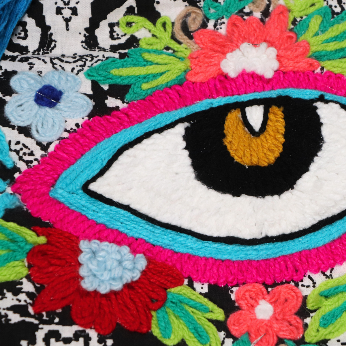 Eye Flower 刺繍タッセル付きハンドメイドトートバッグ | フラワー Eye Flower 刺繍タッセル付きハンドメイドトートバッグ | フラワー